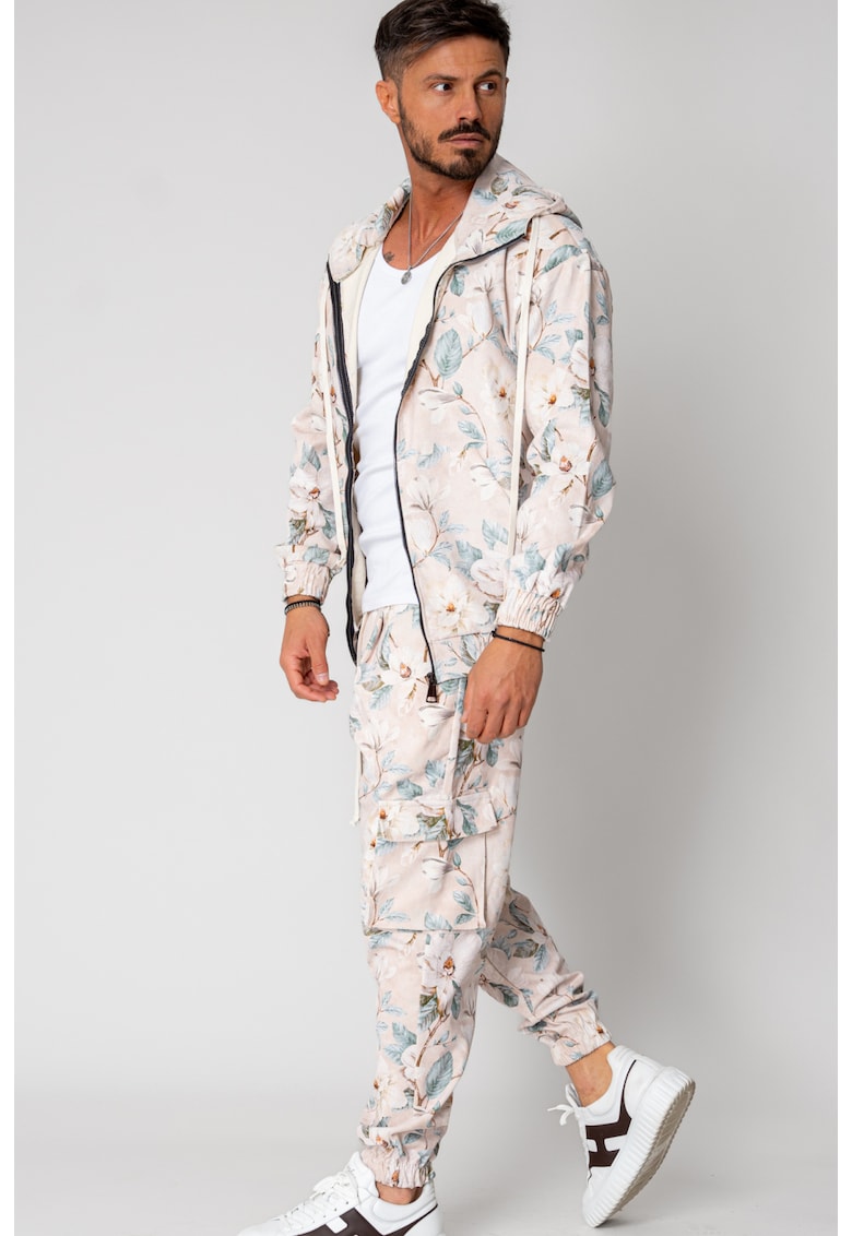 Set Hanorac cu fermoar si Pantalon lung cargo din reiat flower Cream 15444