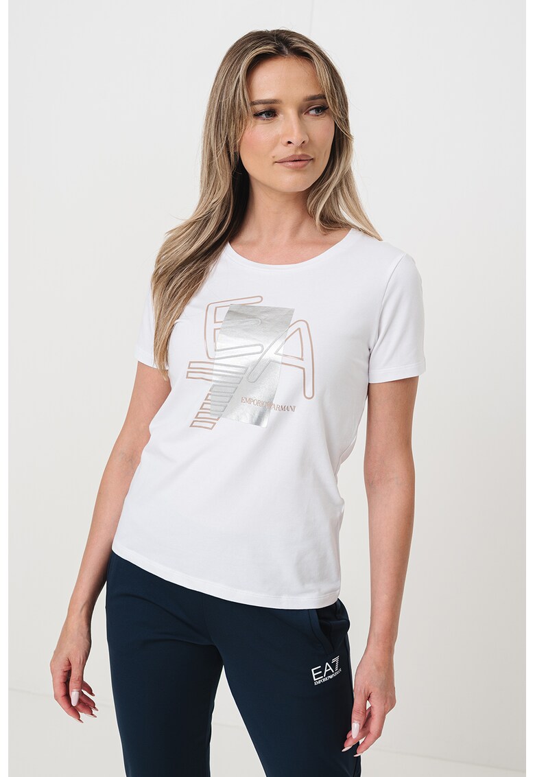 Tricou cu decolteu rotund si imprimeu logo - Alb/Maro taupe/Argintiu