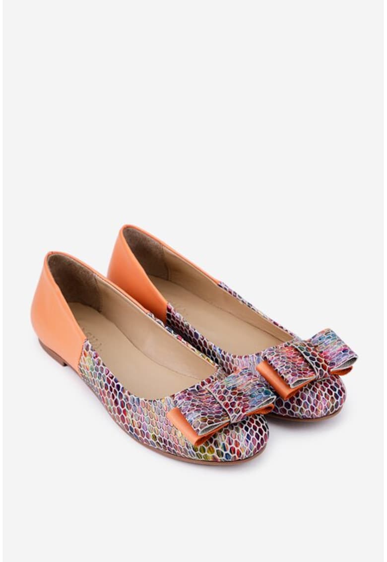 Balerini dama din piele portocalie si multicolora cu funda