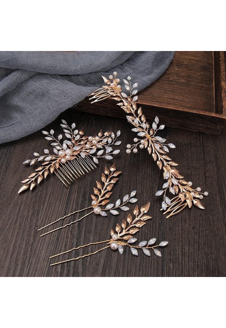 Set 4 accesorii de par - aurii - cu frunzulite si pietre - Ramses C11 -