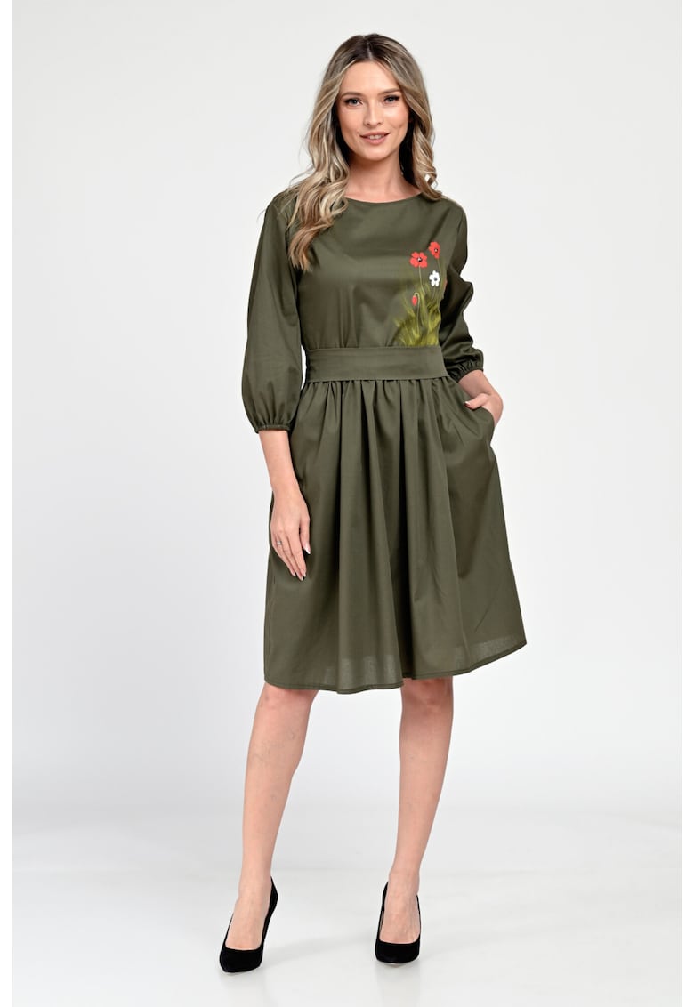 Rochie Medie Dama V310 - Pictata manual - Kaki cu model floral