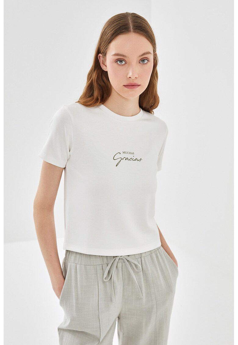 Tricou slim fit cu imprimeu text - Alb fildes