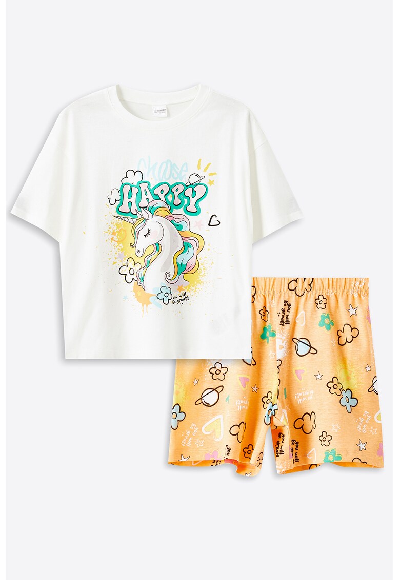 Pijama scurta cu imprimeu unicorn frontal