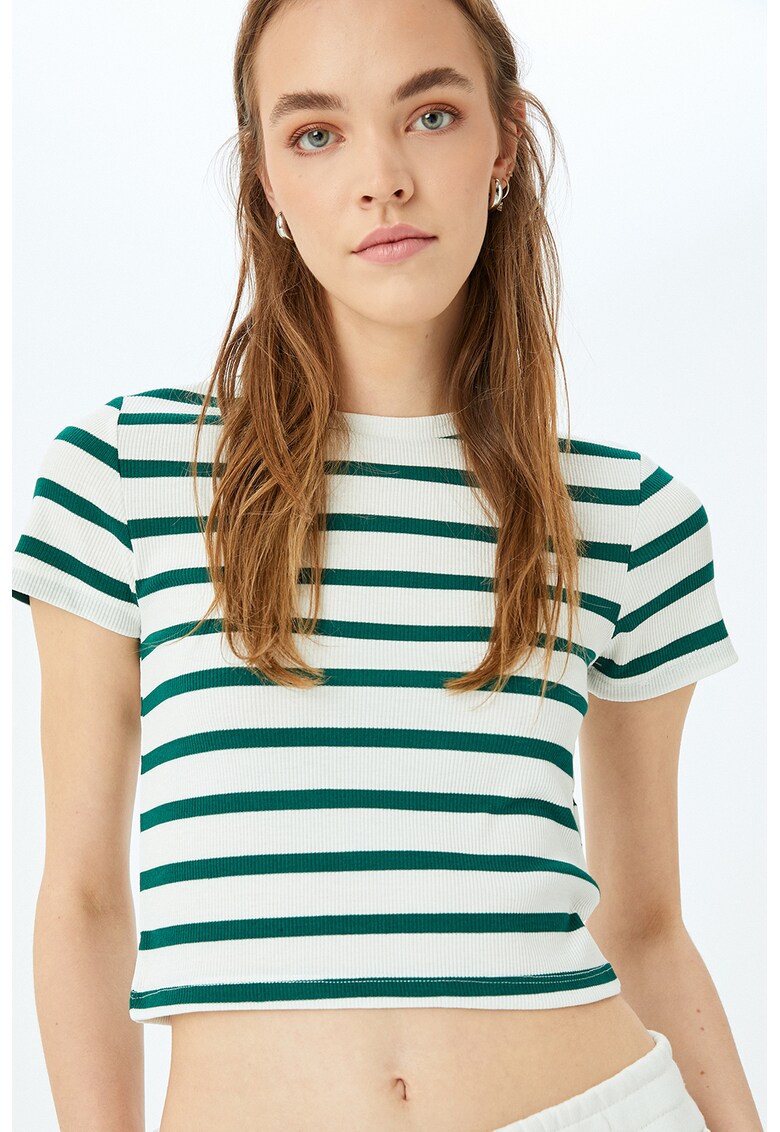 Tricou cu decolteu la baza gatului si imprimeu in dungi - Alb/Verde