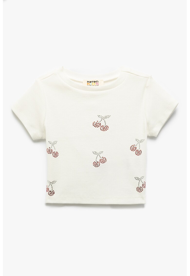 Tricou cu cirese din strasuri - Alb/Argintiu