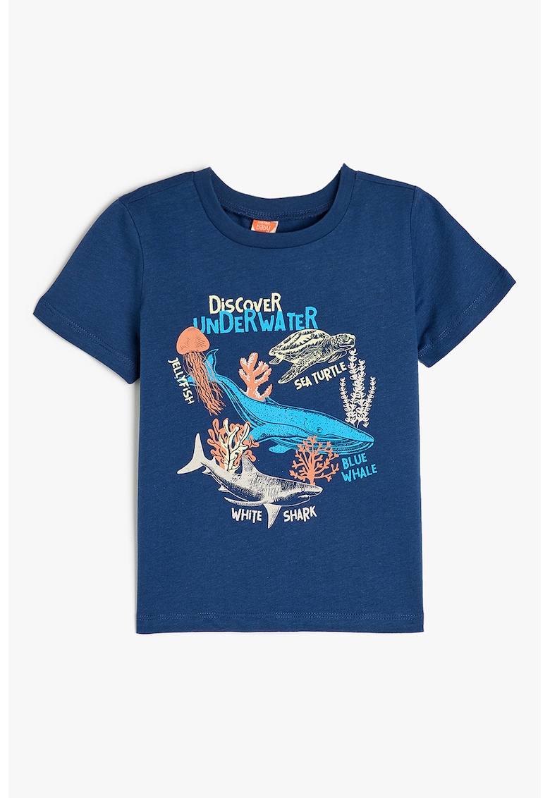 Tricou cu decolteu la baza gatului si imprimeu - Bleumarin
