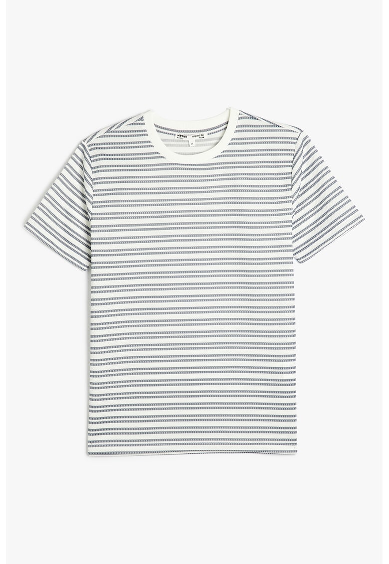 Tricou cu decolteu la baza gatului si imprimeu in dungi - Alb/Albastru inchis