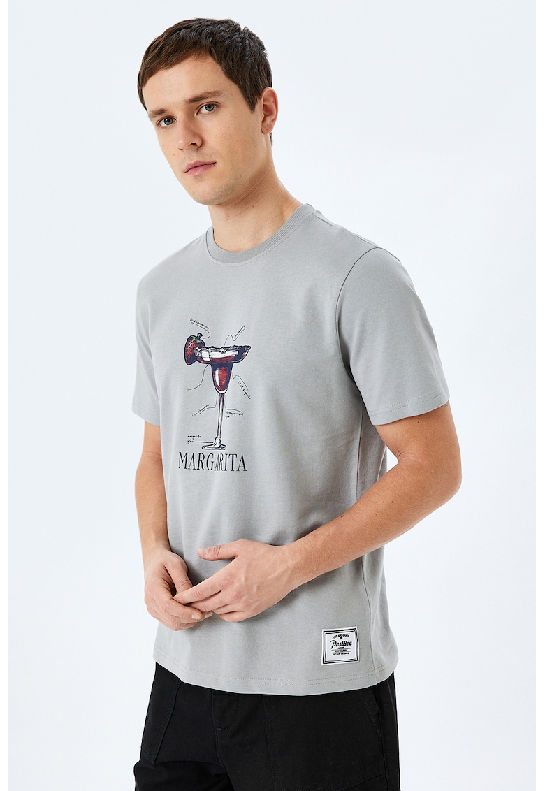 Tricou cu decolteu la baza gatului si imprimeu grafic - Albastru prafuit