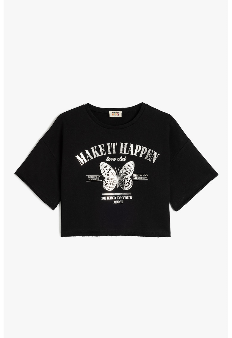 Tricou cu decolteu la baza gatului si imprimeu grafic - Negru/Alb murdar