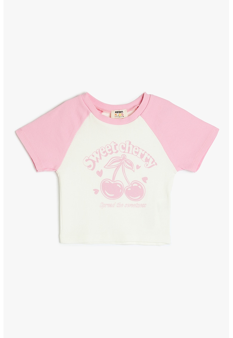 Tricou cu decolteu la baza gatului si imprimeu grafic - Alb/Roz pastel