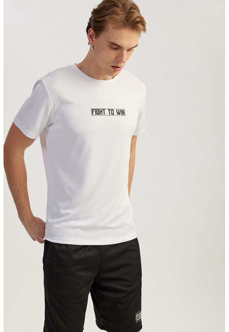 Tricou cu decolteu la baza gatului si imprimeu text - Alb optic