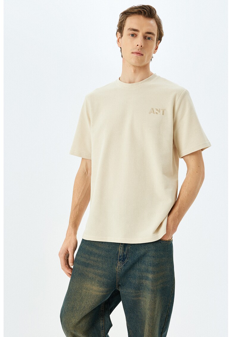 Tricou din bumbac cu decolteu la baza gatului - Bej deschis