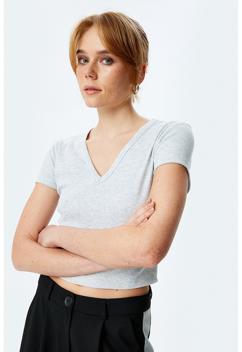 Tricou crop cu decolteu in V - Albastru melange