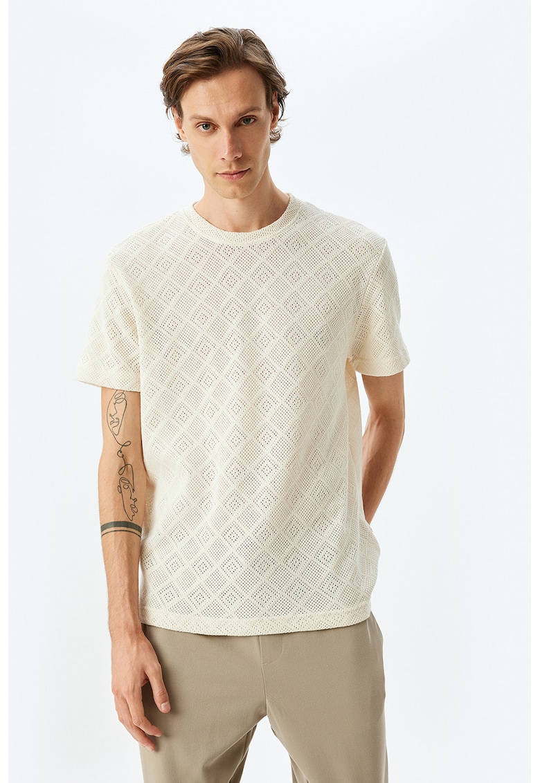 Tricou regular fit cu decolteu la baza gatului - Alb fildes