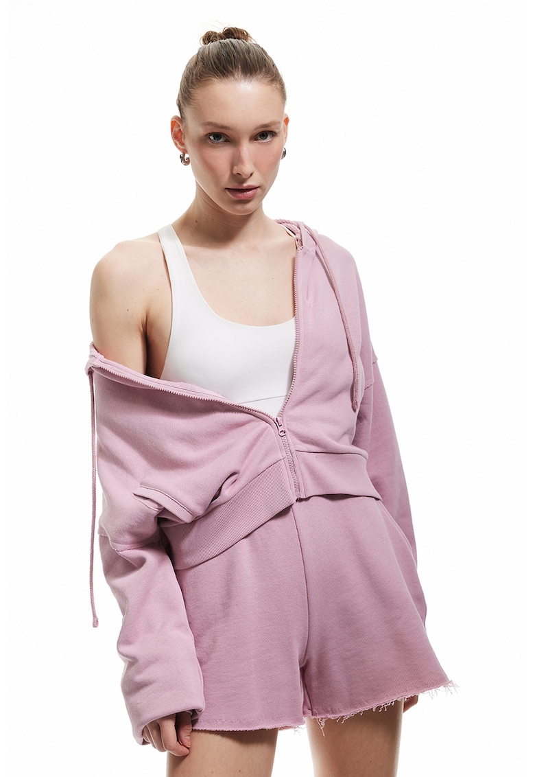 Hanorac crop cu fermoar - Roz prafuit