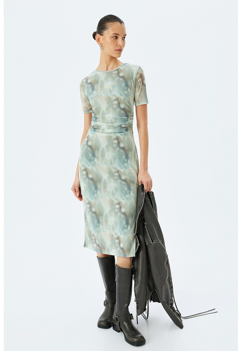 Rochie midi cu model si slit lateral - Alb fildes/Verde pal