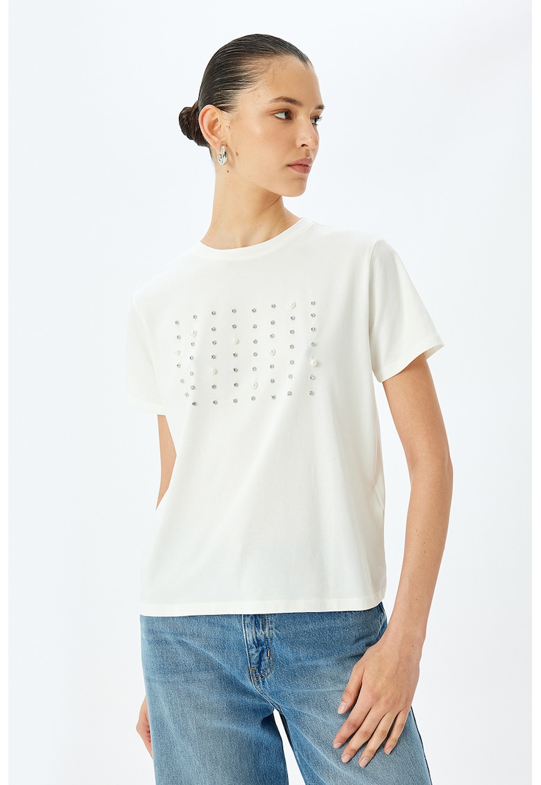 Tricou cu perle sintetice si strasuri - Alb murdar