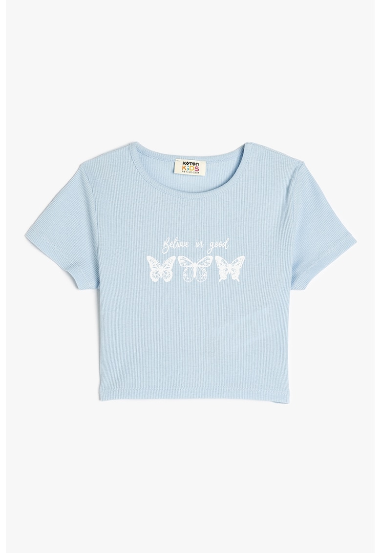 Tricou crop cu imprimeu text - Albastru glaciar