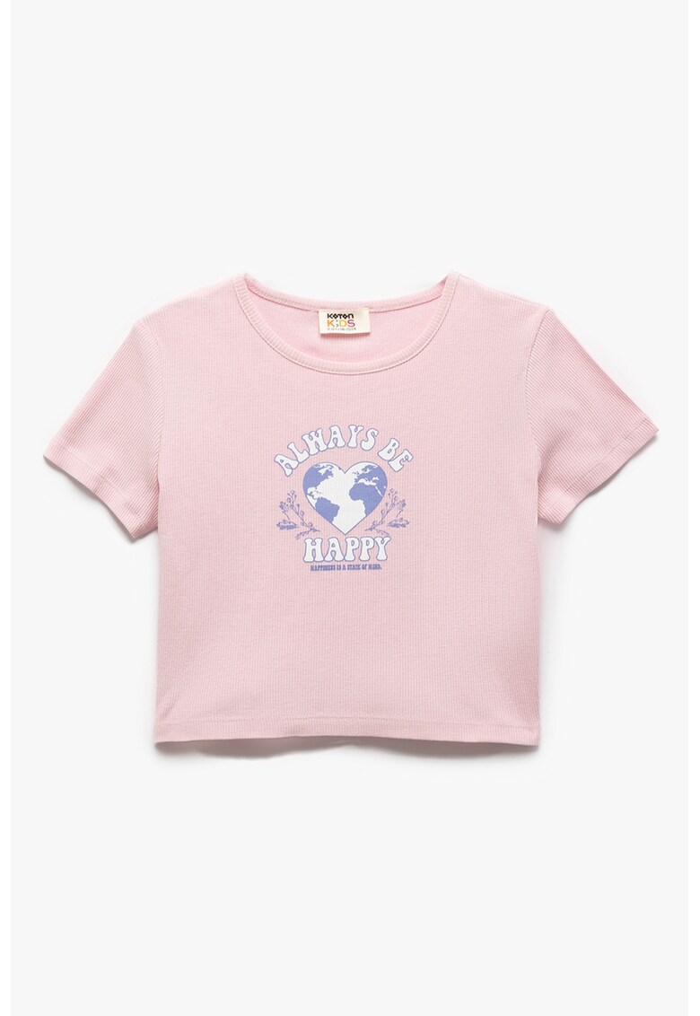 Tricou crop cu imprimeu text - Roz deschis