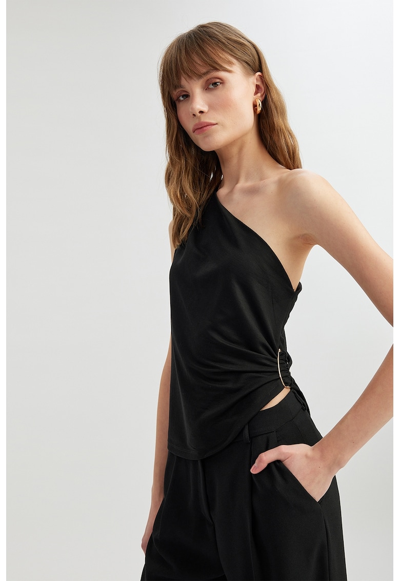 Bluza uni cu decolteu pe un umar - Negru