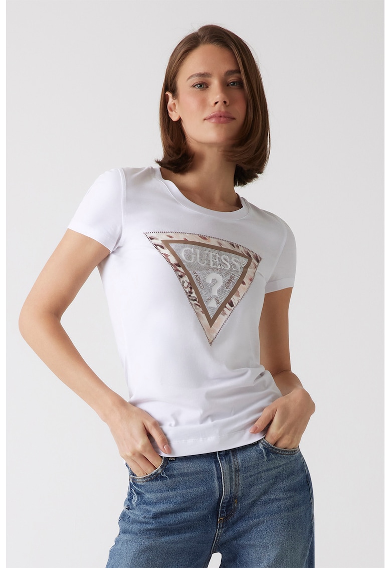 Guess Tricou cu decolteu rotund si imprimeu logo - Alb/Maro taupe