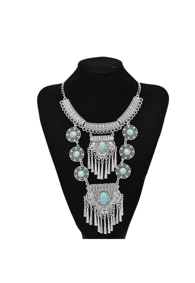 Colier argintiu - lung - stil boho - cu pietre turquoise - Liam C28 -