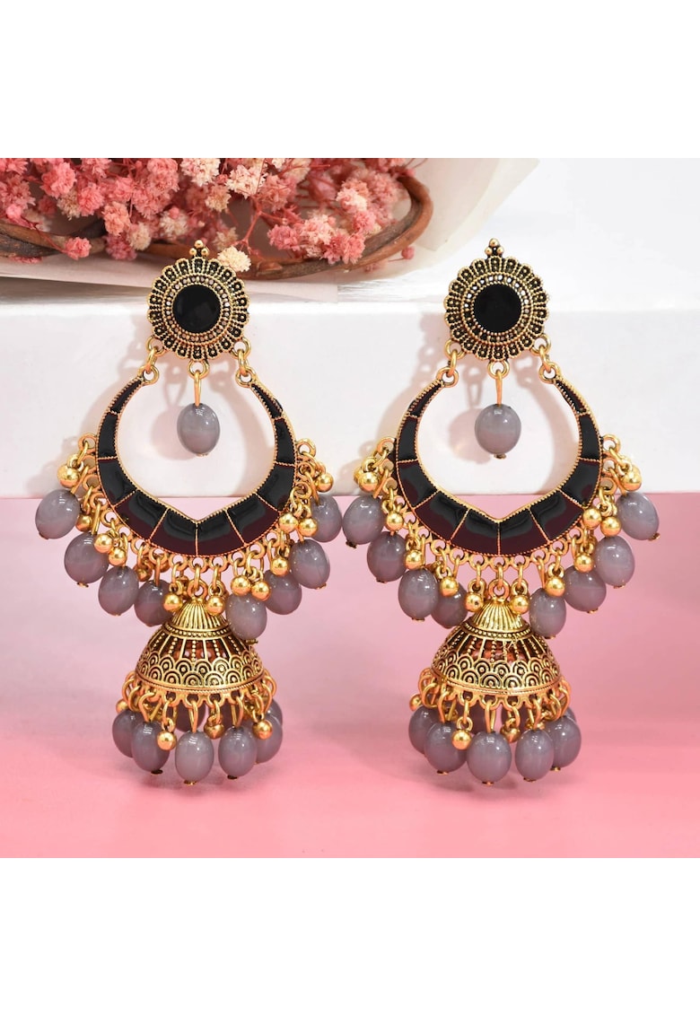 Cercei aurii - stil indian - cu margelute gri si clopotei - Sanita C20 - Cercei aurii - stil indian - cu margelute gri si clopotei - Sanita C20 -