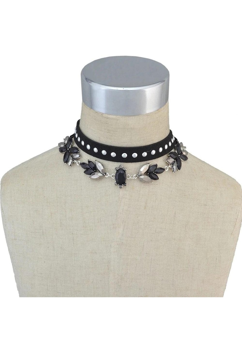 Set 2 coliere chocker - argintii - cu pietre si tinte - Leopold C28 -