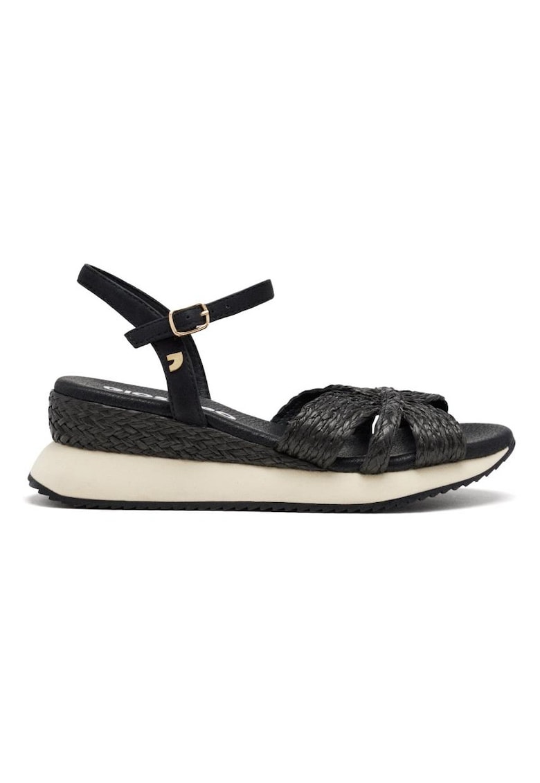Sandale din piele ecologica impletita cu talpa wedge - Negru