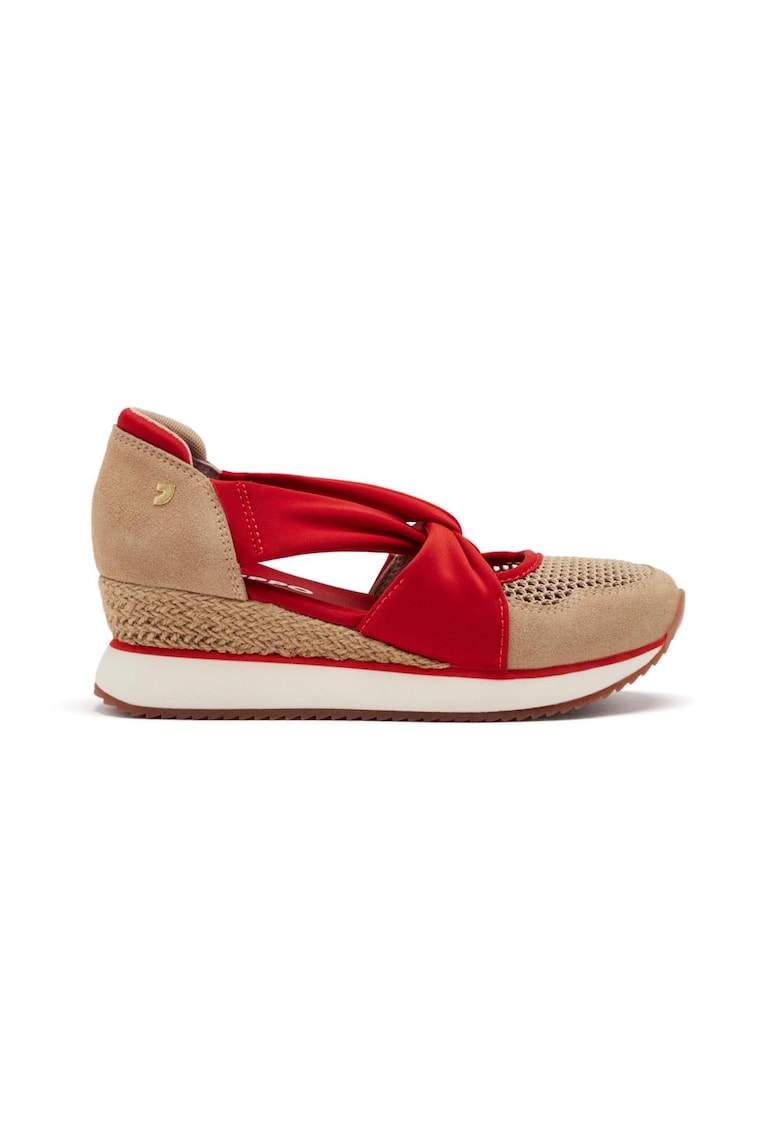 Pantofi cu talpa wedge si insertii din piele intoarsa - Rosu