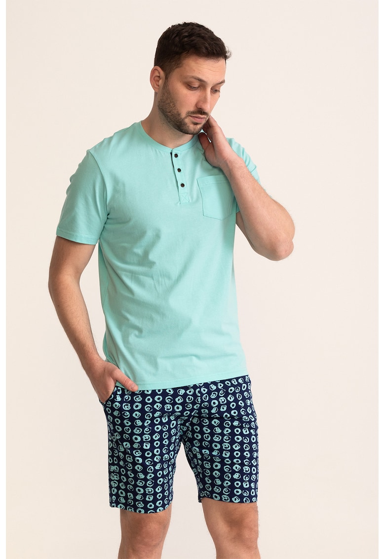Pijama cu imprimeu grafic Marlon - Turcoaz/Bleumarin