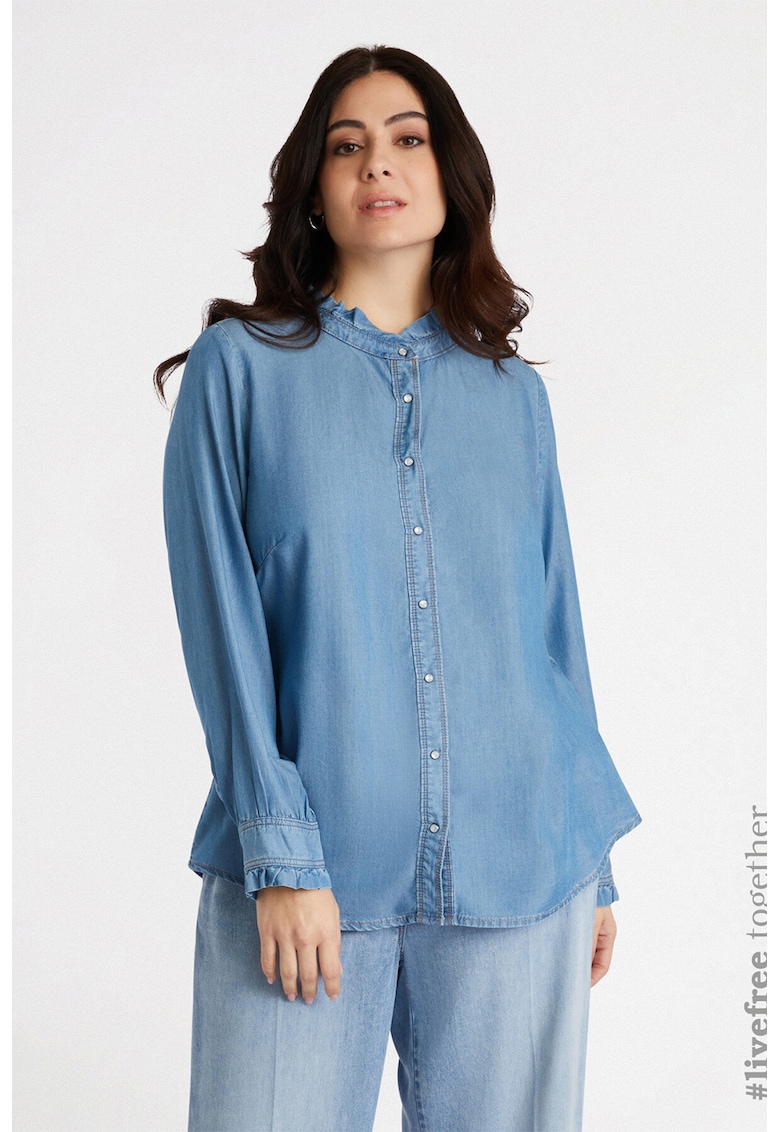 Camasa din lyocell denim cu detalii cu volane - Albastru pastel