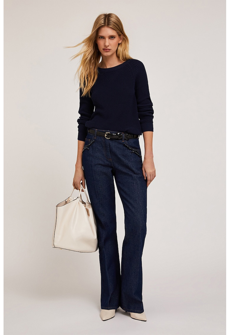 Pulover tricotat cu decolteu rotund - Bleumarin