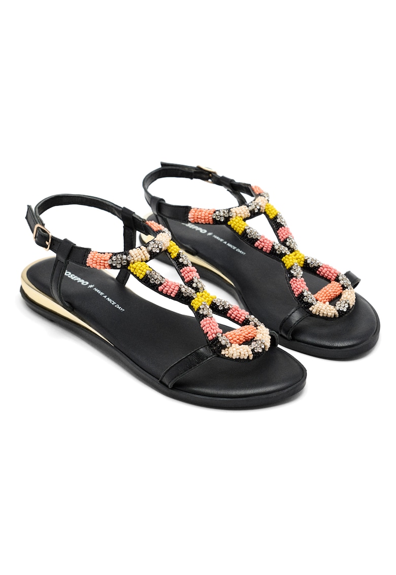 Sandale din piele cu margele si strasuri - Multicolor