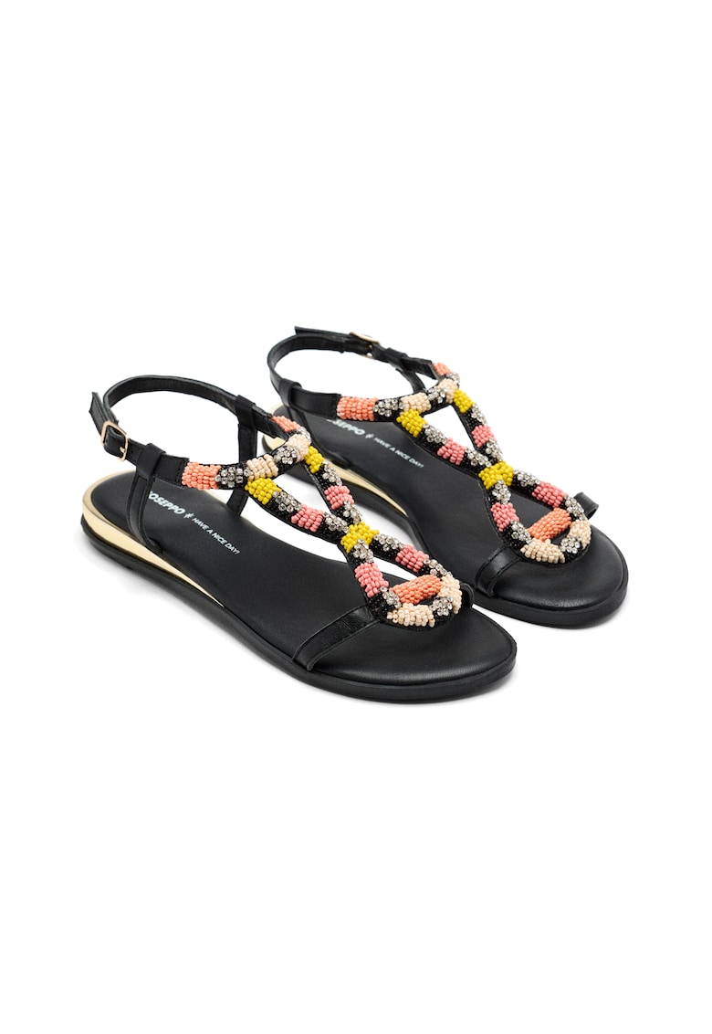 Sandale din piele cu margele si strasuri - Multicolor