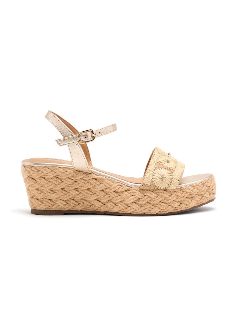 Sandale impletite cu garnituri din piele si talpa wedge - Bej deschis