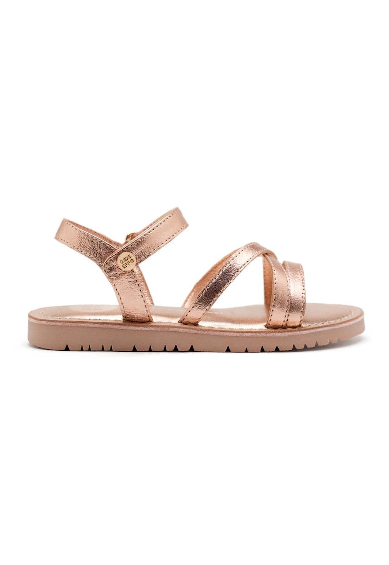Sandale din piele cu inchidere velcro si model uni - Auriu rose