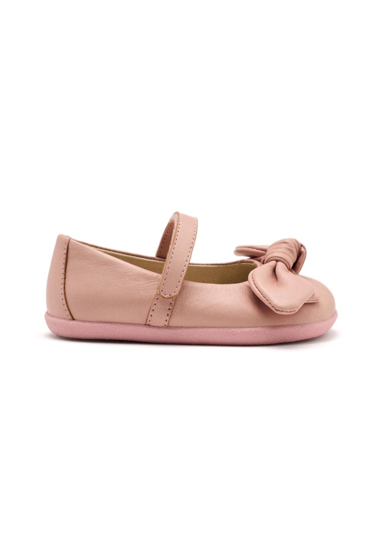 Balerini din piele cu inchidere velcro si model cu funda - Roz