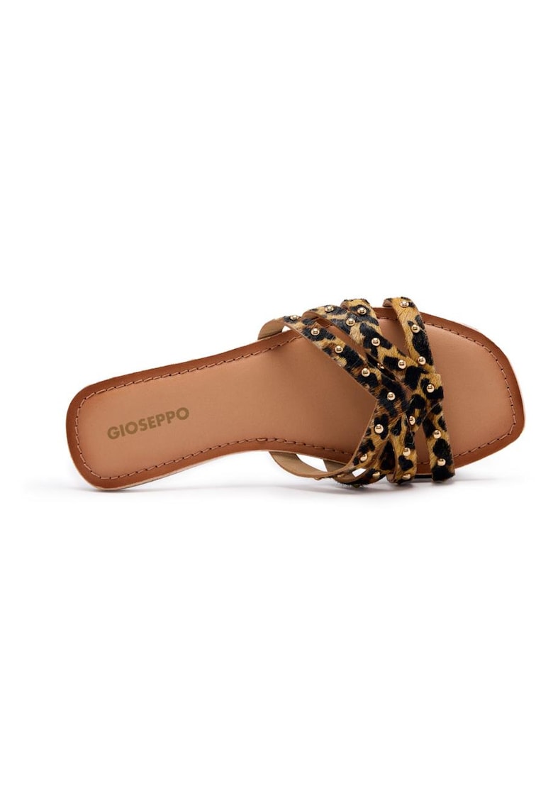 Papuci din piele cu toc si animal print Isabelle - Maro inchis/Maro nisip
