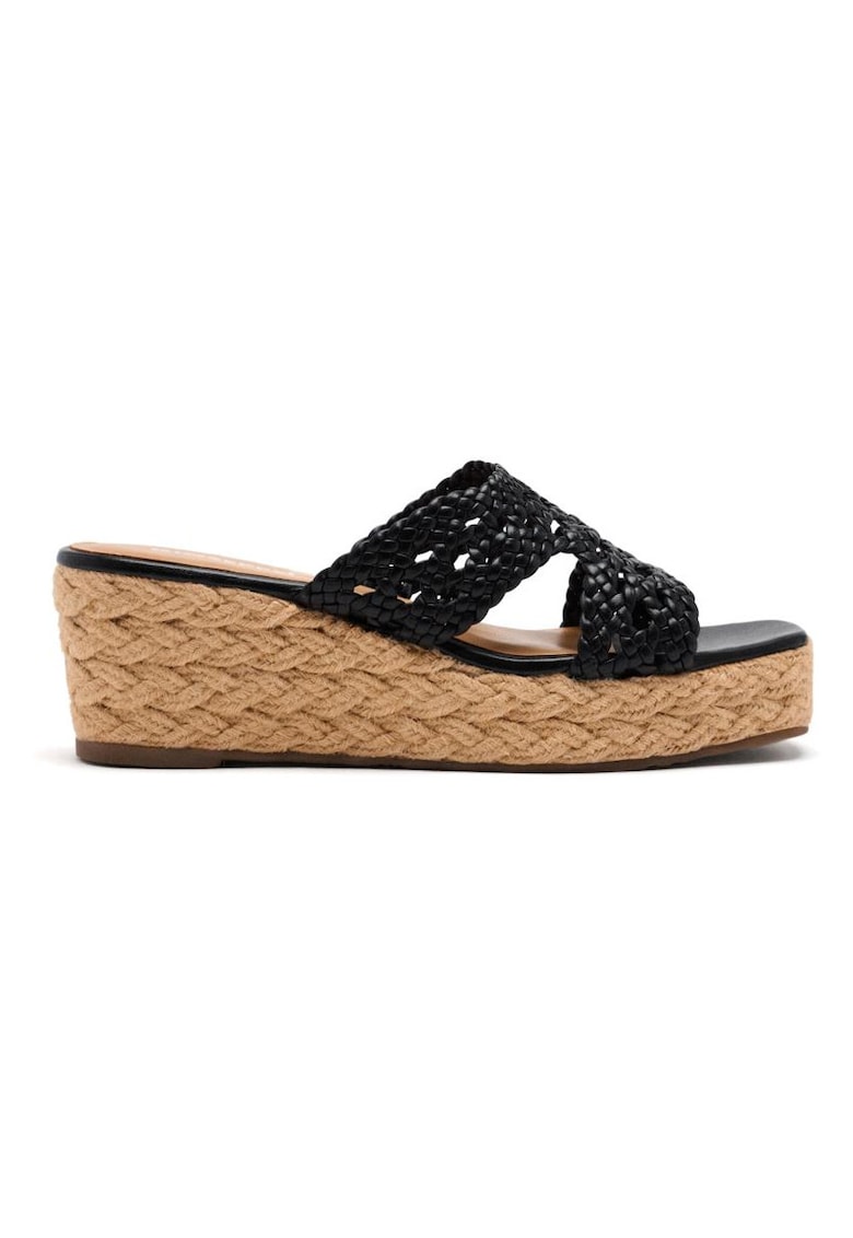 Papuci din piele cu talpa wedge si aspect crosetat - Negru