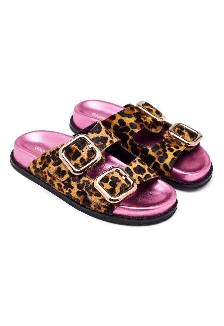 Papuci de piele cu animal print Mifflin - Maro inchis/Caramel