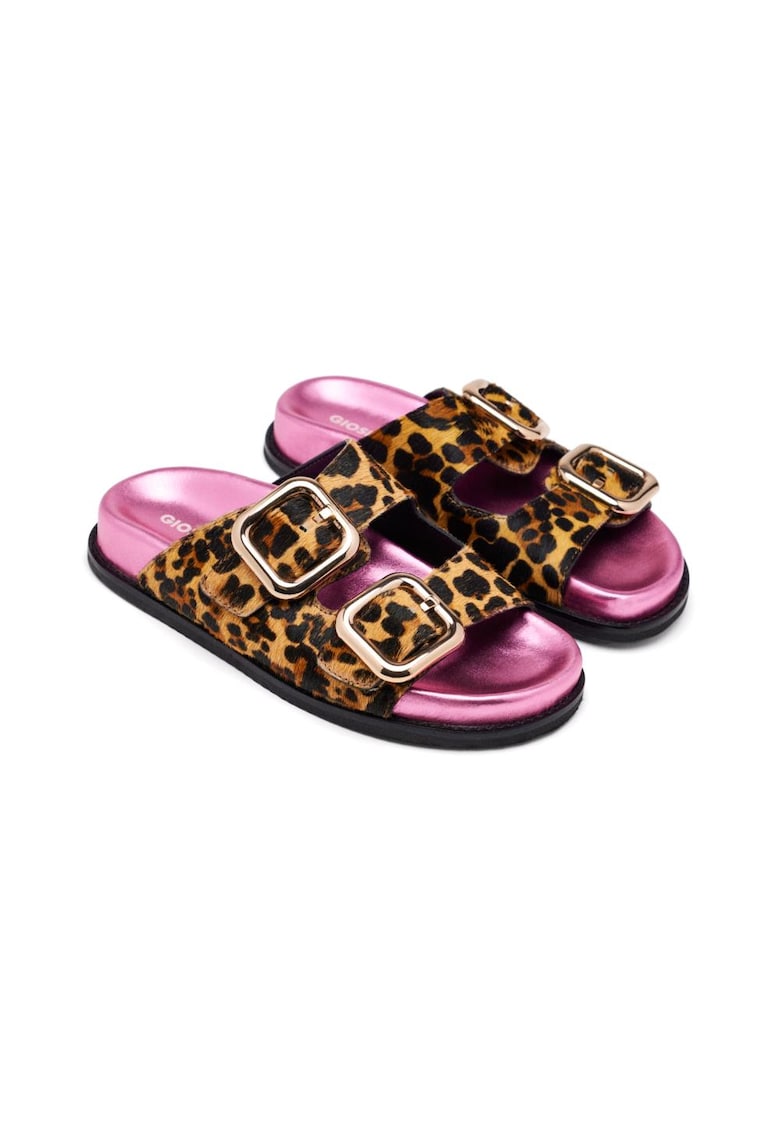 Papuci de piele cu animal print Mifflin - Maro inchis/Caramel