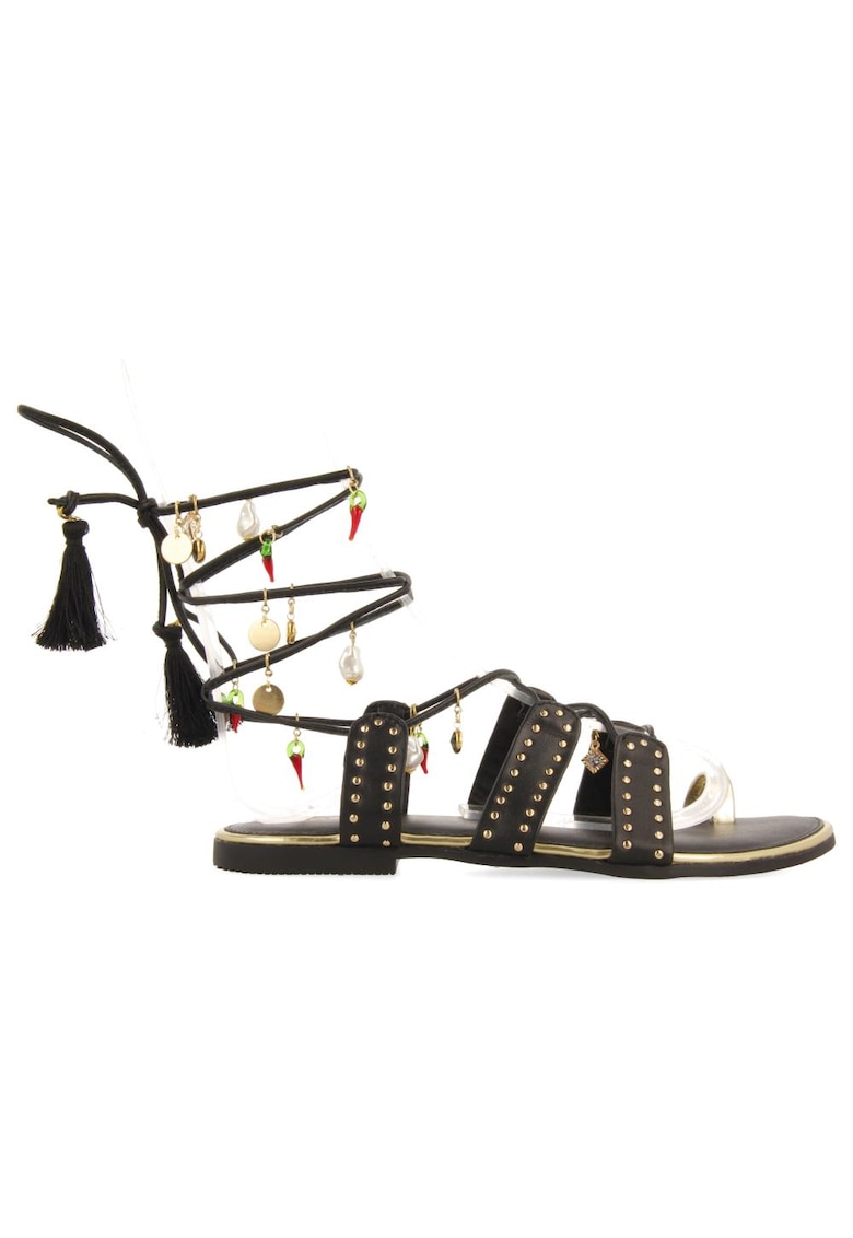 Sandale de piele cu sireturi si strasuri - Negru