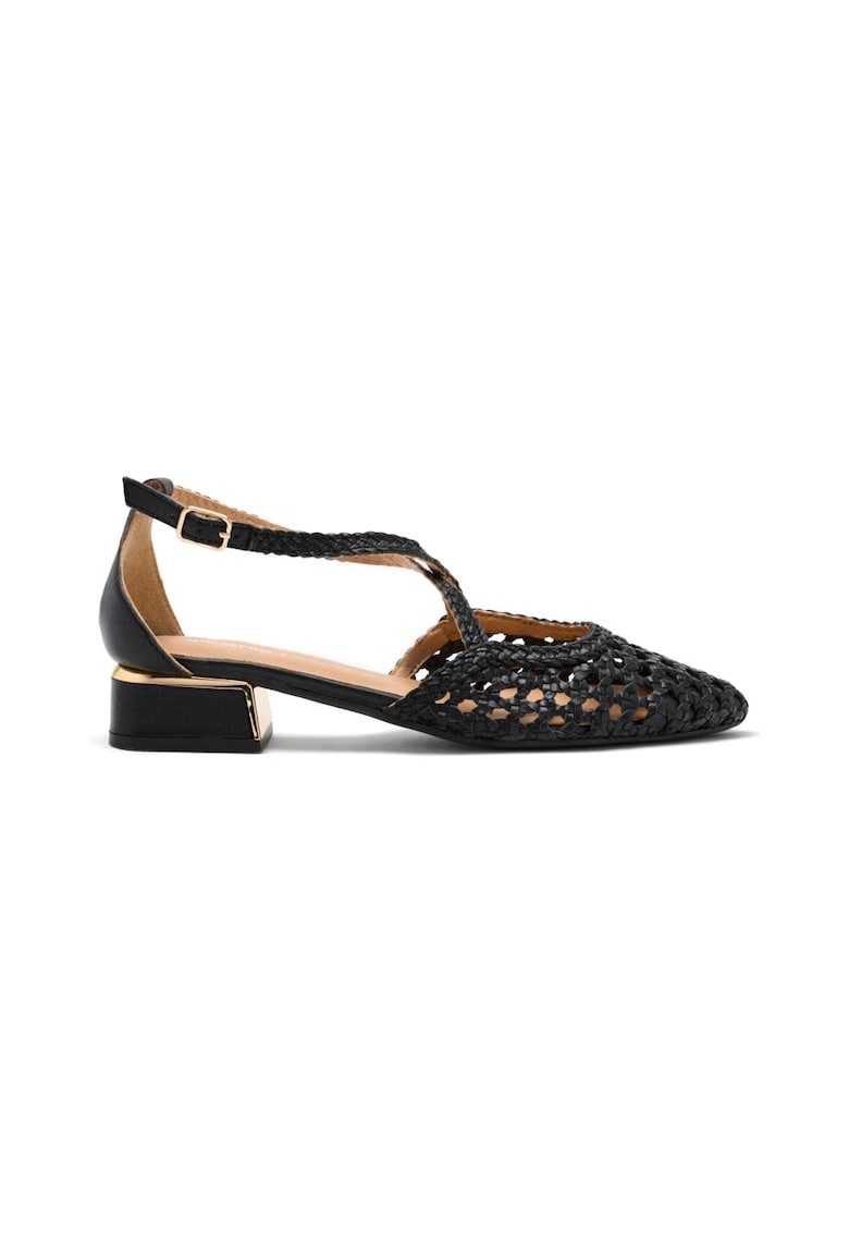 Pantofi din piele cu varf ascutit si model impletit - Negru