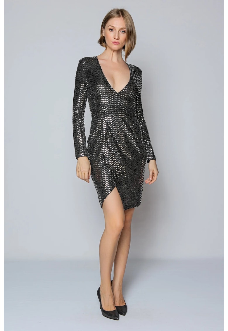 Rochie stralucitoare cu decolteu adanc in V - Negru