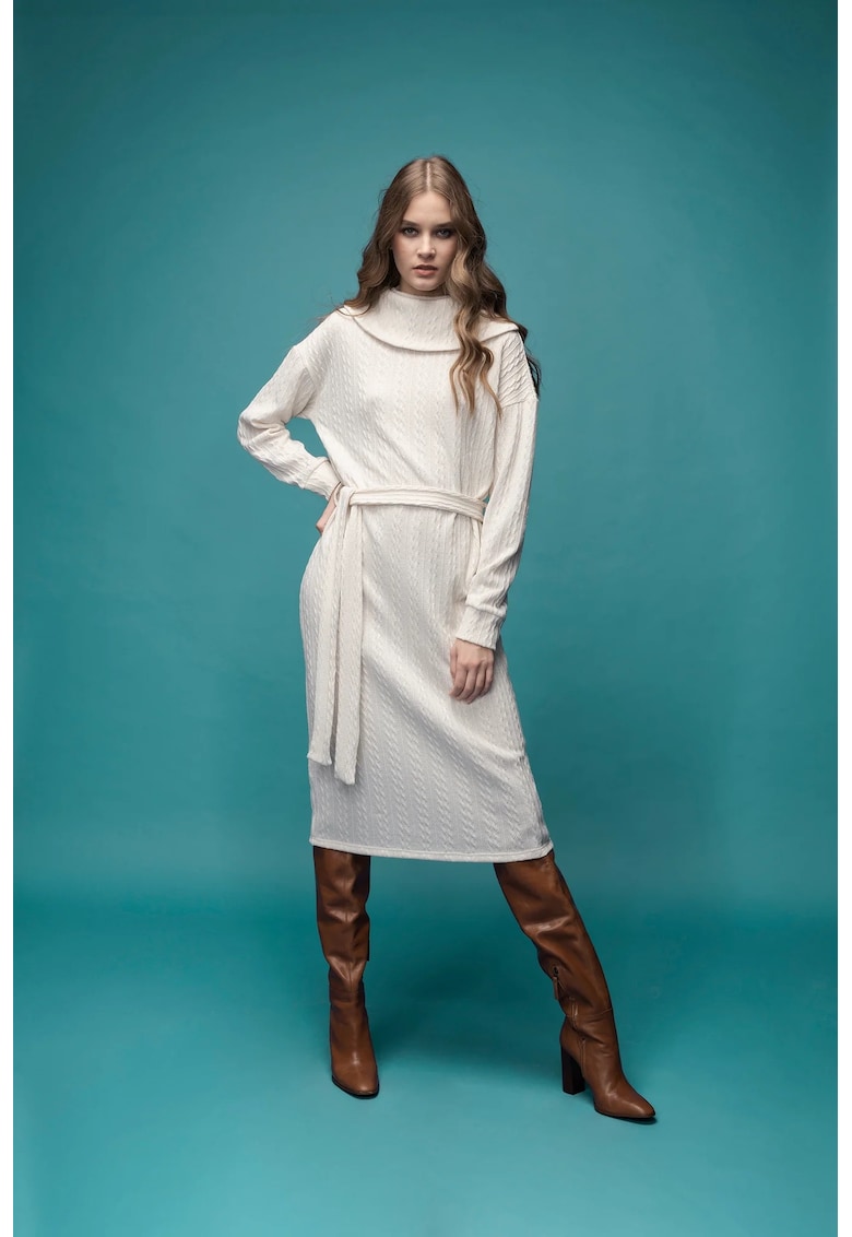 Rochie midi cu maneci cazute si cordon Elvi - Alb