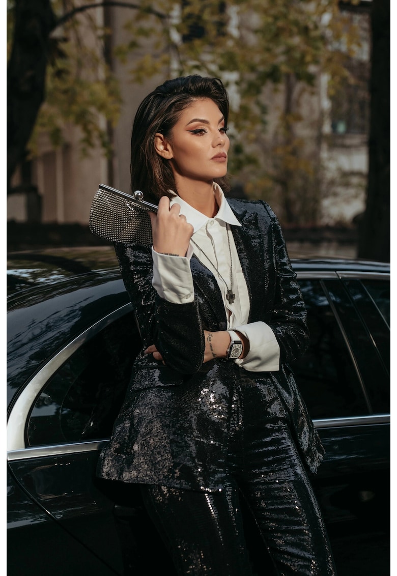 Sacou cu paiete si revere decupate Leo - Negru