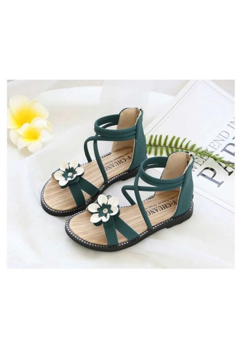Sandale Cu Barete Si Floare Aplicata - Piele ecologica - Casual - Piele ecologica - Fete - Verde - Verde