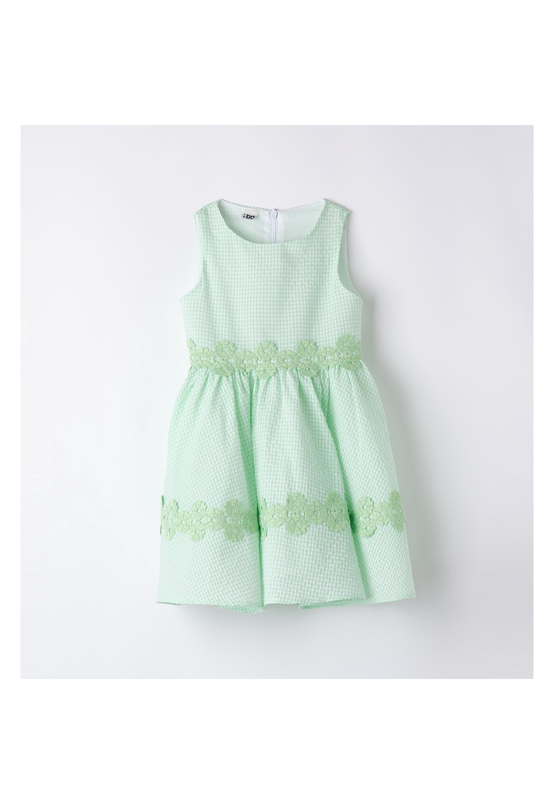 Rochie in carouri cu model floral din broderie - Verde