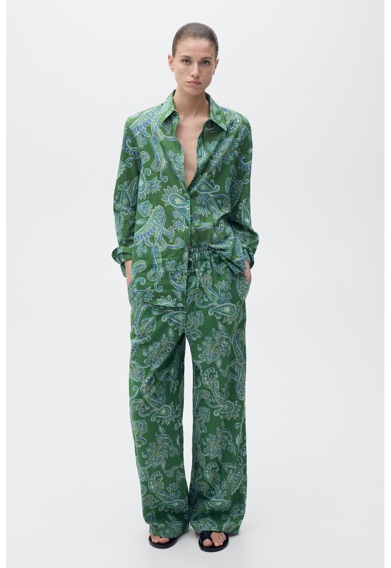 Pantaloni din amestec de in cu model grafic - Verde feriga